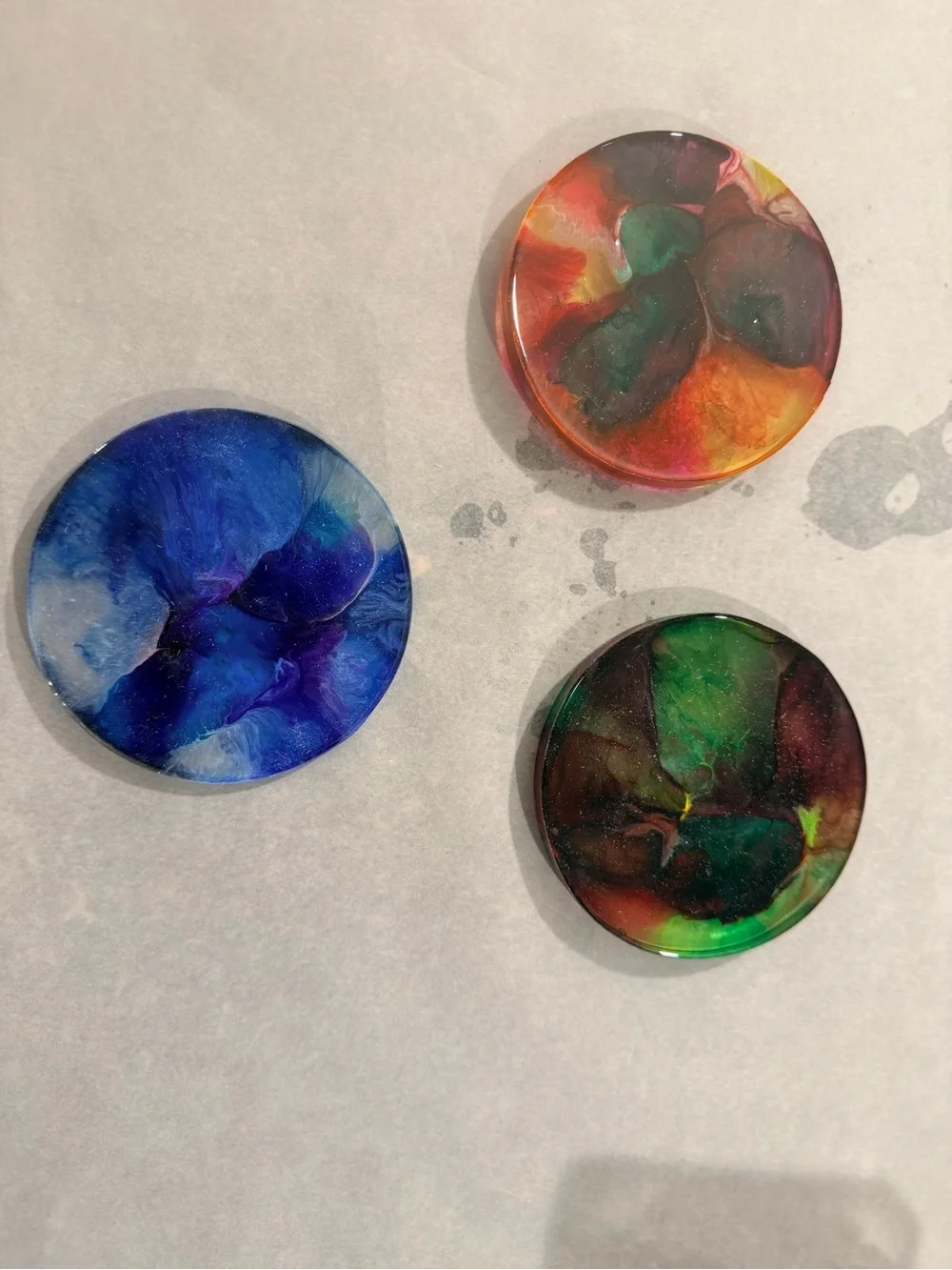 Set of 3 Hand-Poured Round Resin Coasters - Blue, Orange, Green